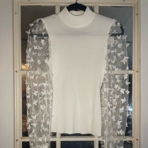 Madden Girl White Mock Neck Ribbed Top with 3D Butterfly Mesh Sleeves - Size M